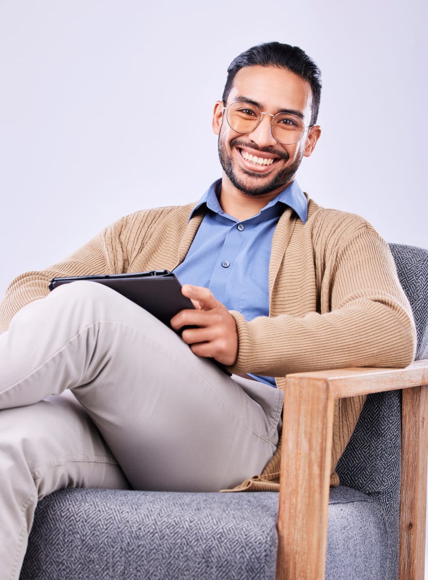 Relaxed, smiling man at ease after learning to manage his anger