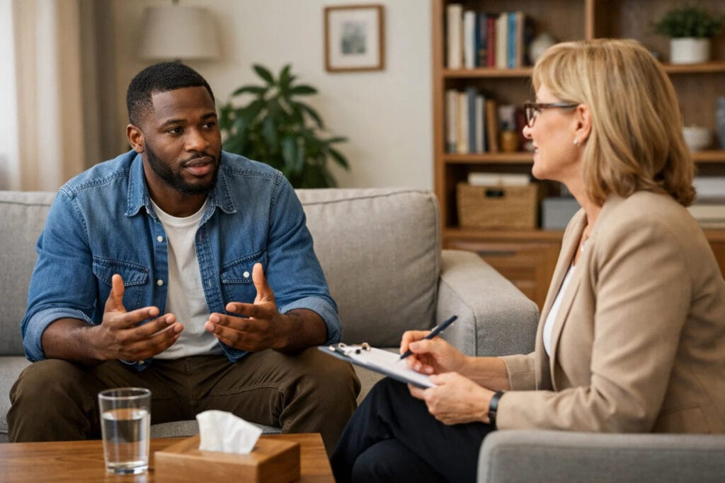 therapist is conducting a depression therapy session with patient