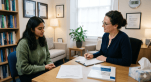 immigration psychologist is taking a session with client